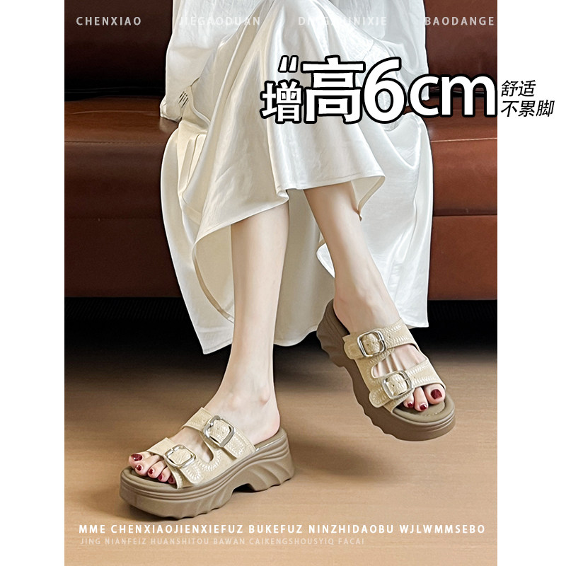 不累脚！增高6CM露趾凉鞋女2026夏季新款休闲风皮带扣厚底拖鞋女