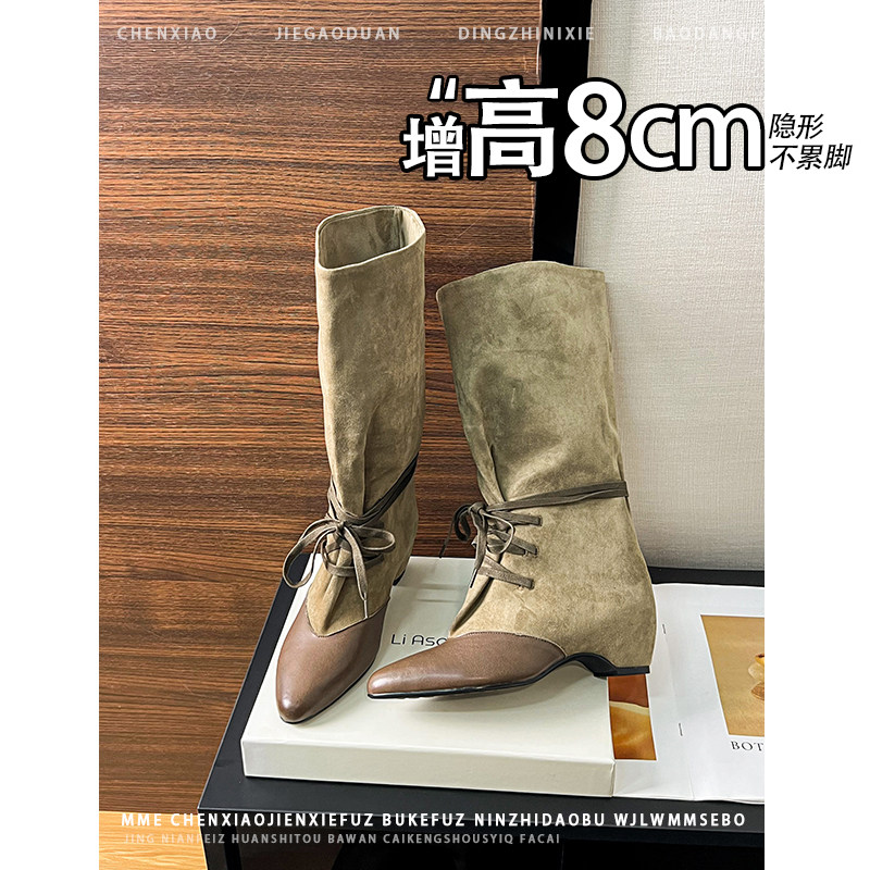 不累脚！内增高8CM尖头绑带马丁靴2026冬新款小个子百搭中筒靴女