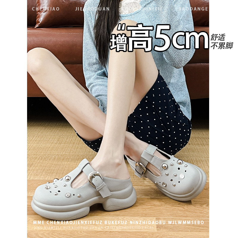 不累脚！增高5CM通勤风镂空厚底半托2026新款皮带扣浅口凉鞋女