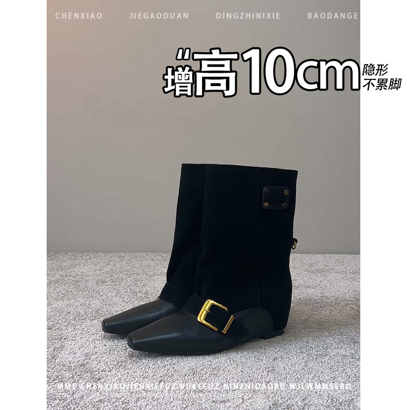 不累脚!内增高10cm绒面皮带扣靴子2026年冬季方头小个子短筒靴女