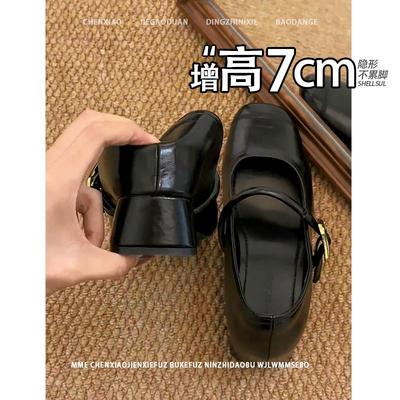 不累脚！内增高7CM粗跟2025春夏款玛丽珍鞋方头小皮鞋一字带单鞋