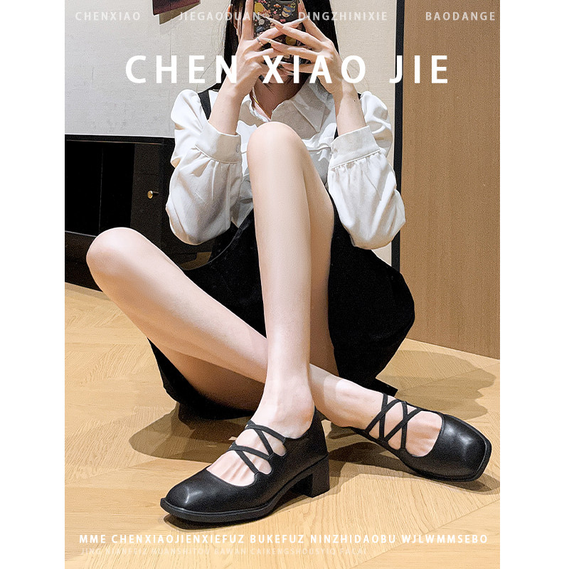 不累脚！增高5CM玛丽珍单鞋2026春季新款小个子方头粗跟高跟鞋女