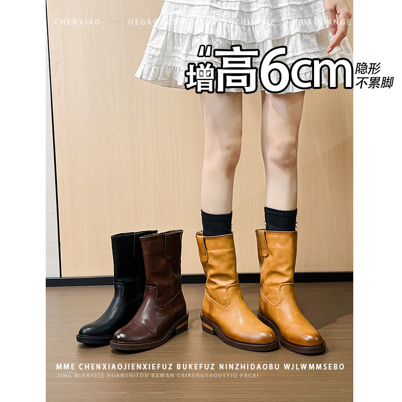不累脚!内增高6CM厚底粗跟靴子2026冬季新款骑士靴子短筒靴女