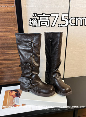 不累脚！内增高7.5CM咖色圆头玛丽珍靴子2026新款休闲风长筒靴女