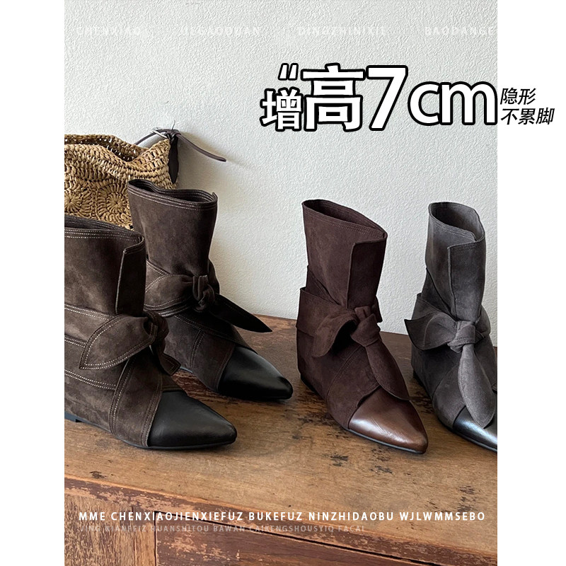 不累脚！内增高7CM尖头绑带短靴女2026年冬季拼接西部靴子短筒靴