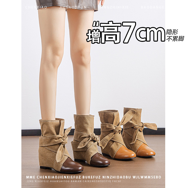 不累脚!内增高7CM韩版圆头绑带短筒靴女2026年冬季蝴蝶结马丁靴