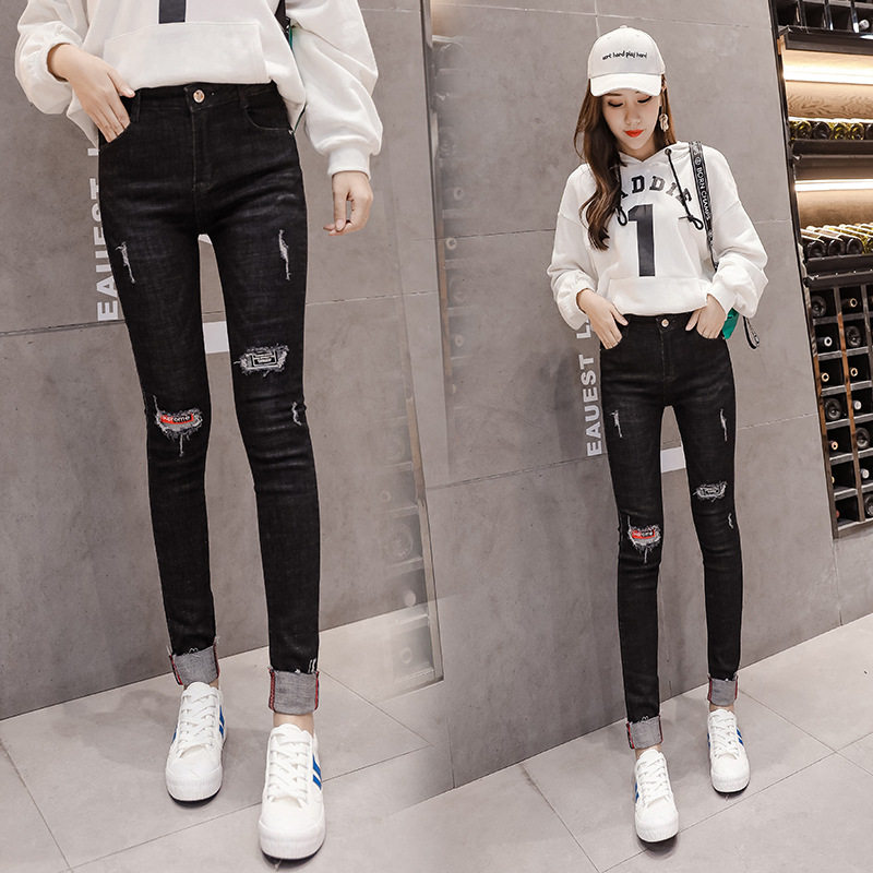 【新品】2019春季新款韩版弹力高腰牛仔长裤女抓纹贴布修身小脚裤|msdalam kategori Butik wanita / wanita, seluar, seluar santai - dari Buy2taobao.com untuk memberikan perkhidmatan ejen Taobao profesional membeli