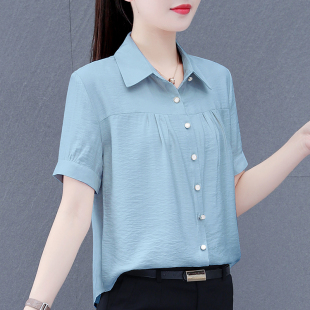 纯色衬衫 短袖 女百搭中年妈妈装 上衣减龄气质小衫 衬衣 夏季 时尚 新款