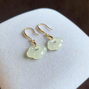 s925银镶天然和田玉如意锁耳环冰底祥云新中式国风耳饰优雅女礼物