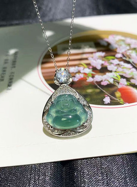 天然翡翠冰种蓝水佛公蝴蝶吊坠