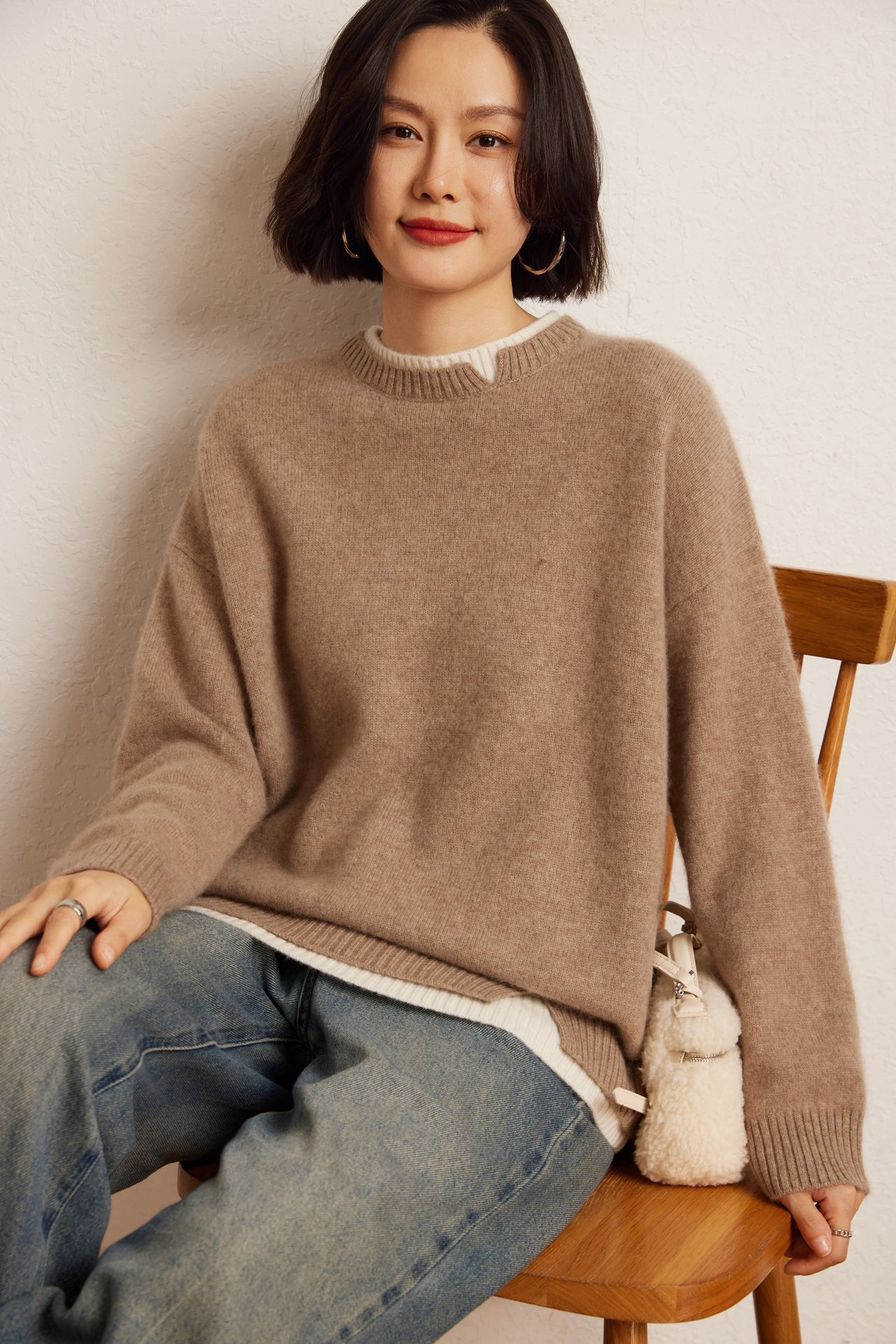 奢美气质~假两件baby山羊绒衫女圆领宽松针织衫双股加厚羊毛衣