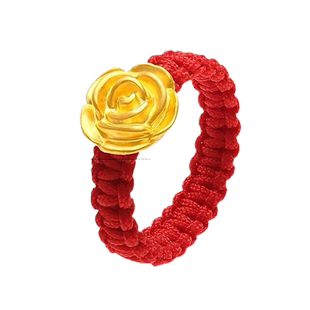 黄金玫瑰花编织戒指女999足金指环本命年红绳送闺蜜女友礼物贝珠