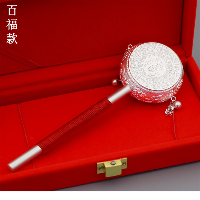 纯银拨浪鼓S999足银可啃咬食用级手摇老式鼓婴儿玩具送宝宝周岁礼