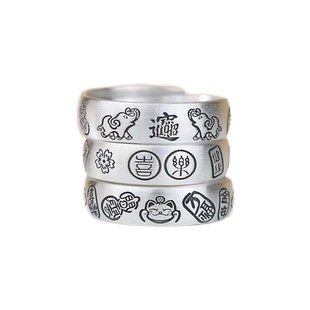 S999足银招财猫戒指小众纯银吉言钱币宽版开口指环女中国风食指戒