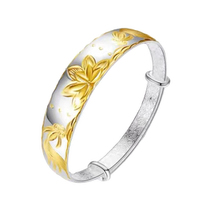 银鎏金9999纯银饰手镯子送妈妈款双鱼莲花女中老年母亲节生日礼物