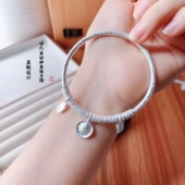 足银9999黄财神盘缠银手镯女新中式 闭环银手环吉言纯银镯子生日礼