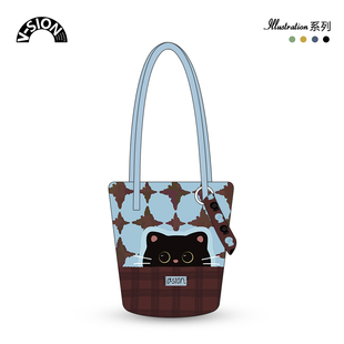 唯鑫V-SION格林猫猫新款插画联名休闲时尚通勤斜挎加长水桶帆布包