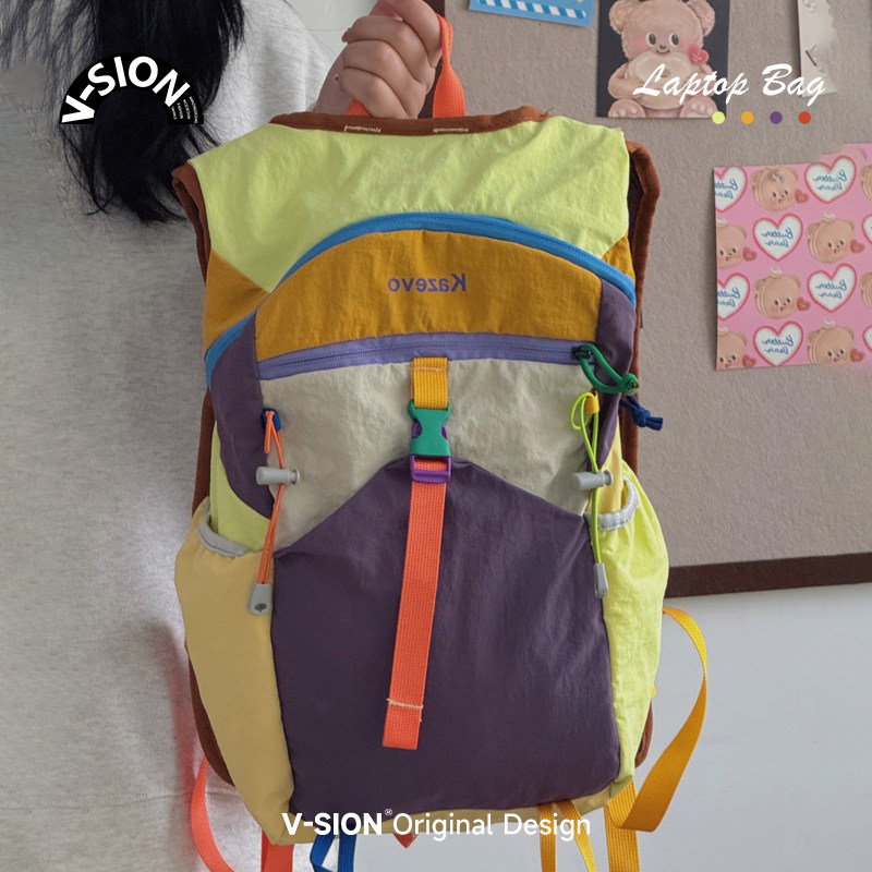 多巴胺风拼接撞色双肩包大容量旅行户外轻便笔记本电脑包