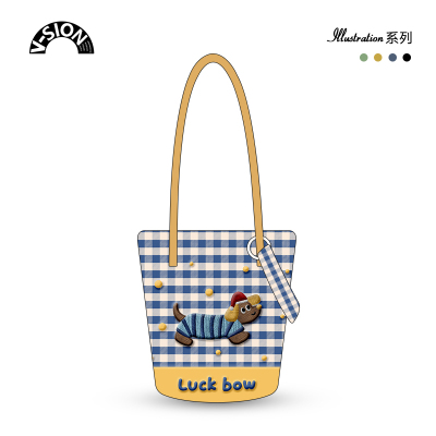 唯鑫V-SION蓝格小狗新款插画联名休闲时尚通勤斜挎加长水桶帆布包