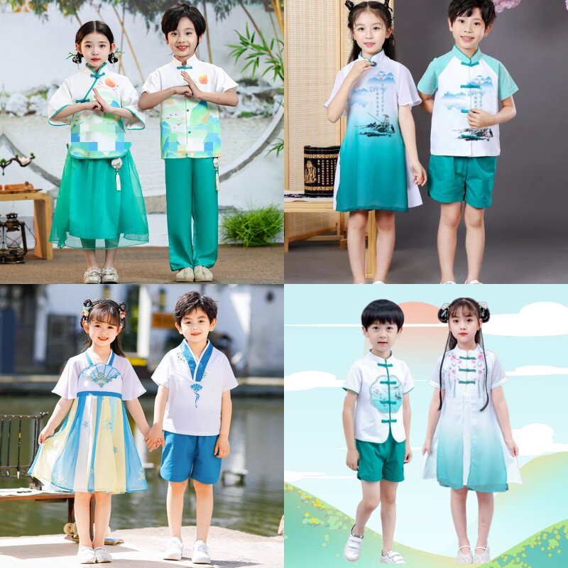 小学生上春山演出服男女童汉服绿色儿童唐诗雅韵百家姓立春舞蹈服