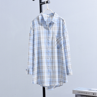 韩版 外套女2023夏季 薄款 新款 百搭学生空调衫 防晒格子衬衫 宽松长袖