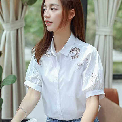 白色短袖衬衫女夏季宽松设计感小众上衣通勤职业纯棉刺绣百搭衬衣