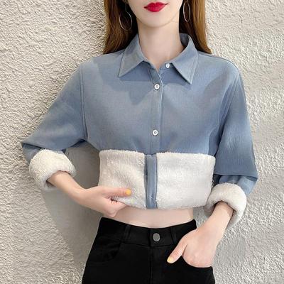 灯芯绒加绒加厚衬衫女复古纯色百搭叠穿保暖长袖衬衫上衣女