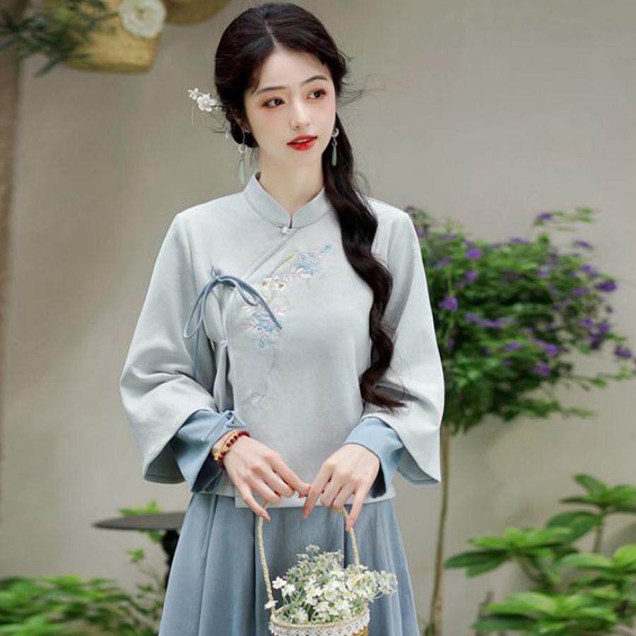 冬季改良旗袍盘扣采耳师服装民国汉服日常通勤文艺茶艺工作服套装