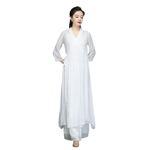改良汉服上衣交领系带中长款禅意中式茶艺师服装女棉麻茶服女春夏