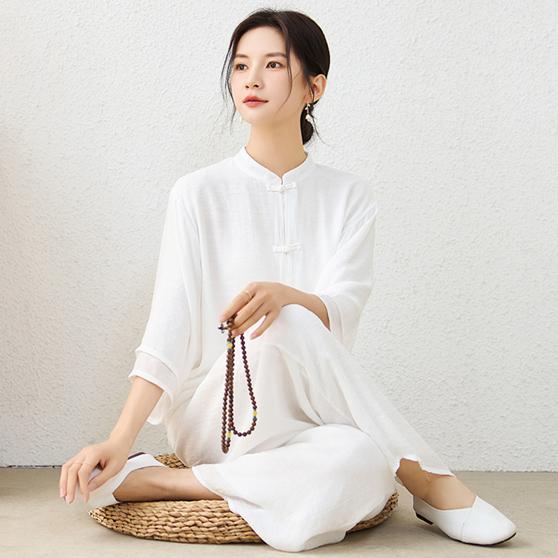 中国风春夏茶服女棉麻套装佛系素衣禅意女装白色禅修居士服两件套