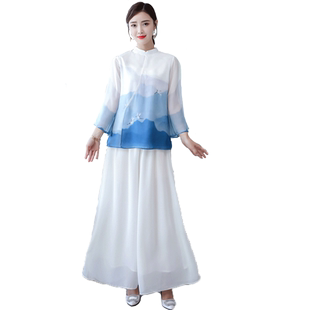 汉服女2024夏天新款中国风两件套仙气飘逸雪纺上衣禅意文艺茶人服