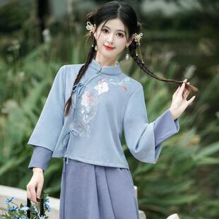 秋冬采耳师工作服旗袍上衣新中式国风女装汉服套装刺绣茶艺师服装