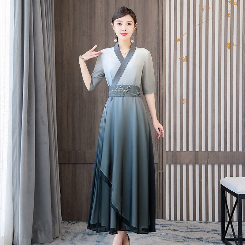 中国风连衣裙改良汉服交领仙女古风茶服禅意修身收腰渐变色裙子夏