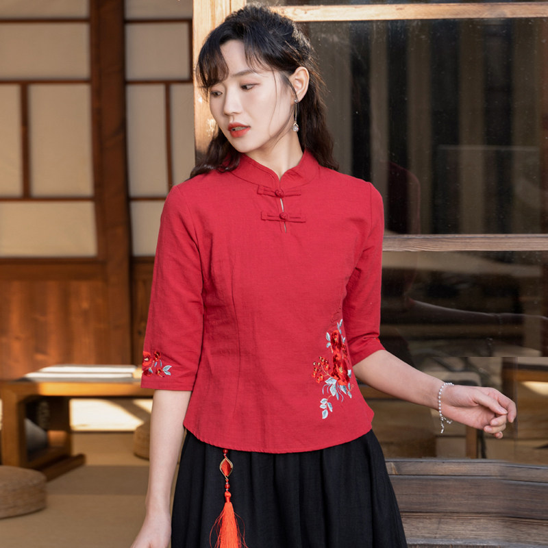 民国风复古采耳师工作服中国风夏学生汉服唐装刺绣上衣茶艺师服装