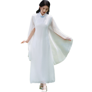 新中式古风女装设计感仙气披肩白色连衣裙女夏雪纺温柔长裙仙女裙