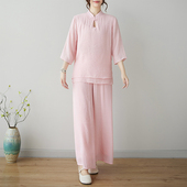 棉麻练功居士服 新中式 禅修服女夏季 白色太极服打坐中国风茶服套装