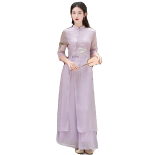刺绣茶服女仙气素雅连衣裙套装秋款中式唐装旗袍采耳茶艺师工作服