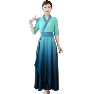抖音同款汉服改良中国风文艺复古禅意茶服女收腰古装仙女连衣裙夏