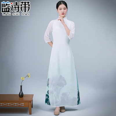 禅修服女中式复古中国风女装雪纺奥黛旗袍连衣裙中长款禅意茶服女