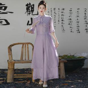 新中式 采耳奥黛禅舞服刺绣女茶服 国风改良旗袍禅意茶艺师复古夏季