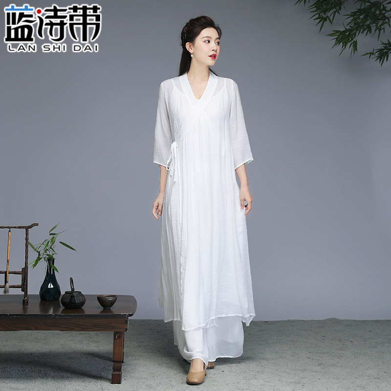 改良汉服上衣交领系带中长款禅意中式茶艺师服装女棉麻茶服女春夏