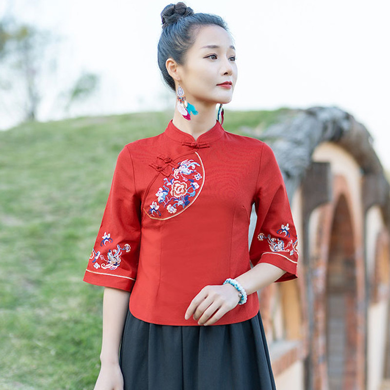 中国风女装复古盘扣刺绣采耳唐装女上衣两件套日常民族风茶艺服装