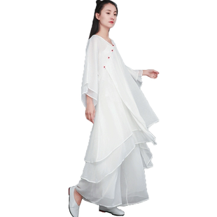 飘逸中国风白色禅意禅修禅舞服女汉服文艺宽松中长款连衣裙两件套