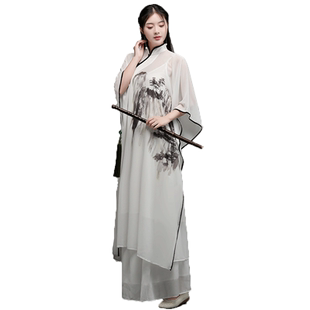 山水-中式国民风仙气斜襟盘扣立领大码茶服禅服禅舞两件套连衣裙