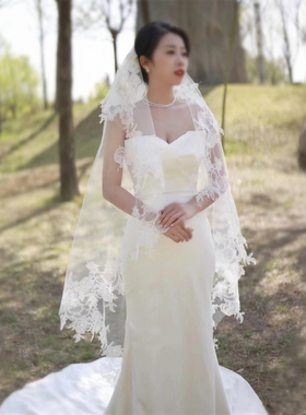 复古白色新娘婚礼头纱单层车骨花带插梳软纱影楼摄影头饰