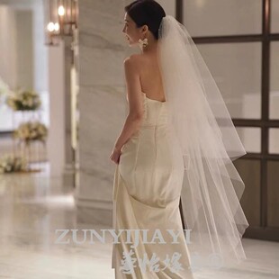 新款轻纱高端婚礼头纱新娘主婚纱旅拍道具珍珠造型头饰