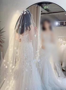 新娘头纱主婚纱森系重工珍珠蕾丝奢华超长款拖尾软纱头纱鱼尾婚纱