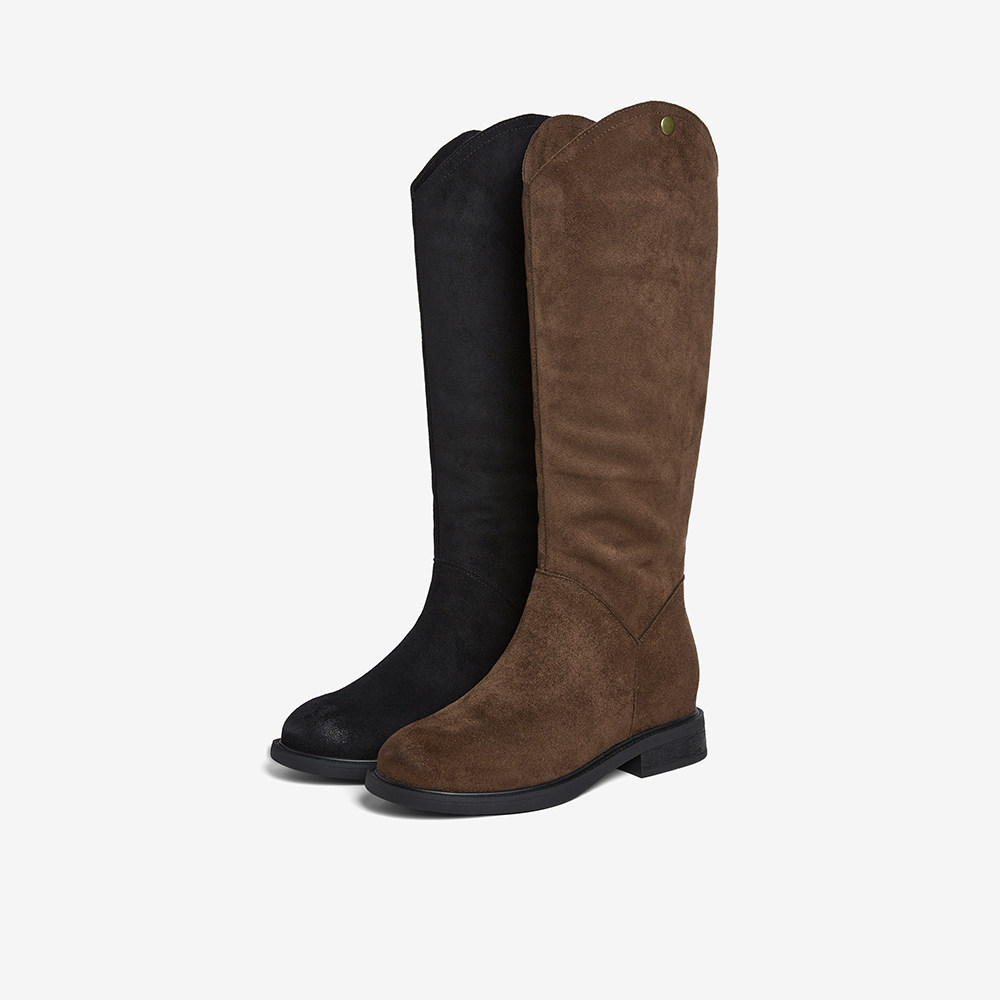 百思图2025冬季新款V口绒面西部靴骑士靴显瘦粗跟女长靴W1818DG5,女鞋,西部靴,淘宝优惠券,粉丝福利购,淘宝优惠卷