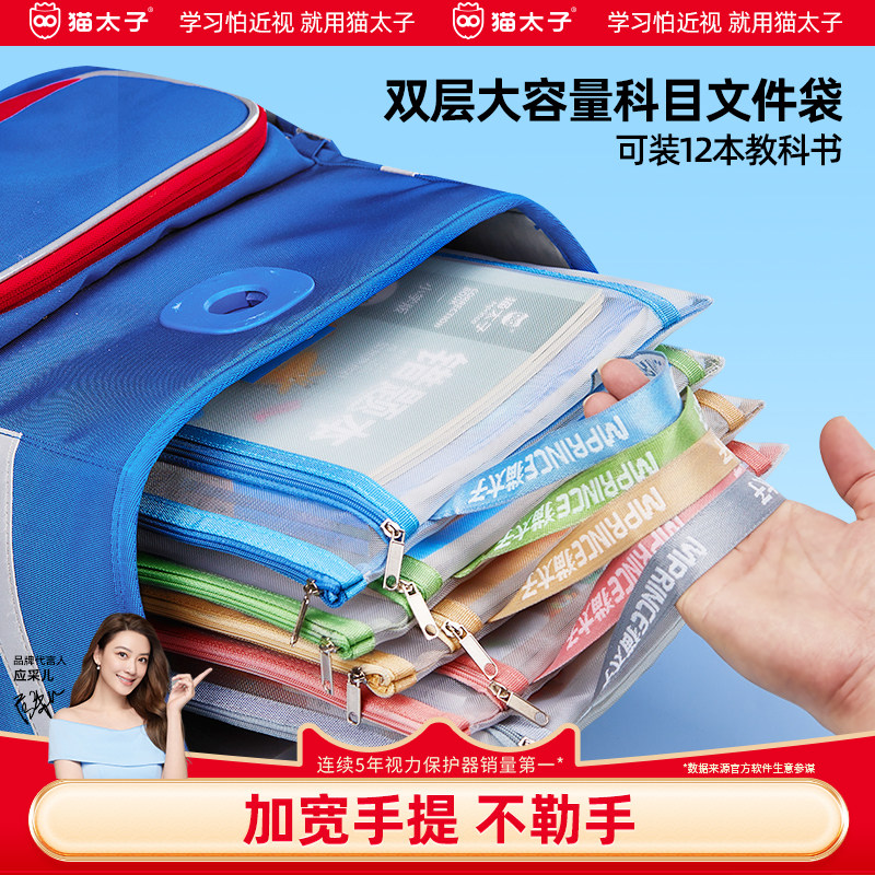 猫太子文件袋拉链式科目分类袋小学生试卷收纳袋透明网纱学科书袋资料卷子补习手提袋学习书本作业拎书袋文具