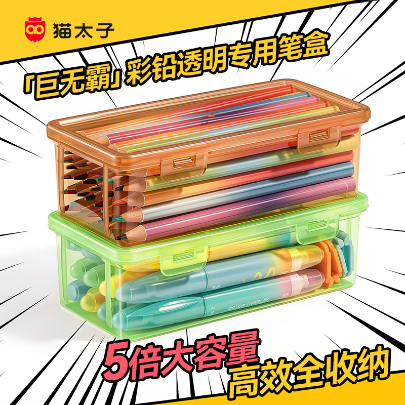 猫太子5倍大巨无霸透明文具盒防水防脏笔盒男孩女孩款小学生简约彩铅笔袋儿童一年级铅笔袋幼儿园专用铅笔盒